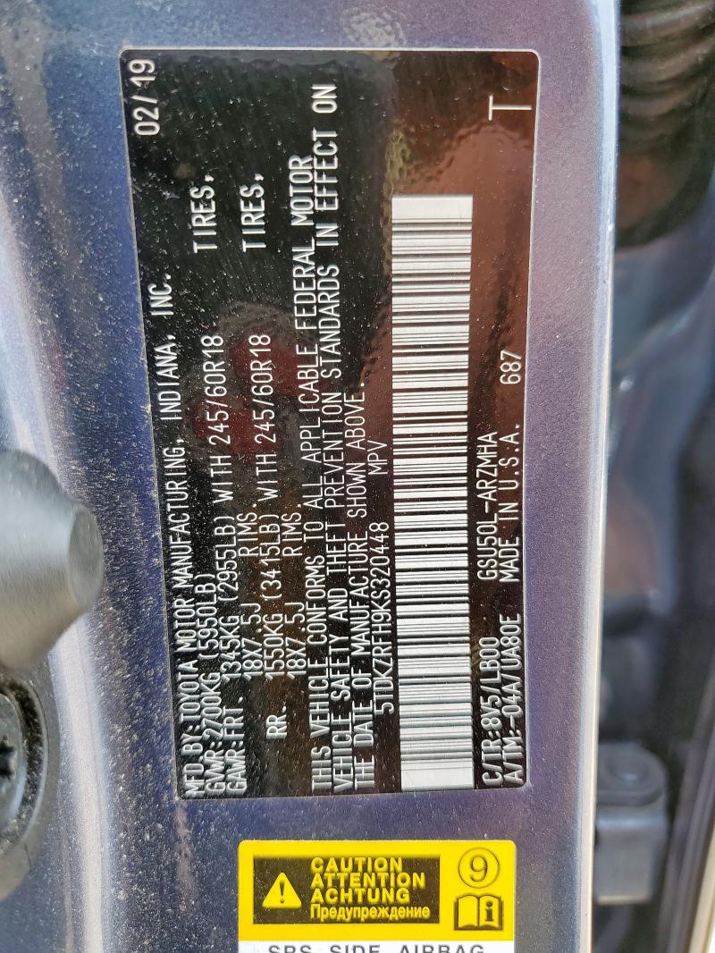 2019 TOYOTA HIGHLANDER 5TDKZRFH9KS320448