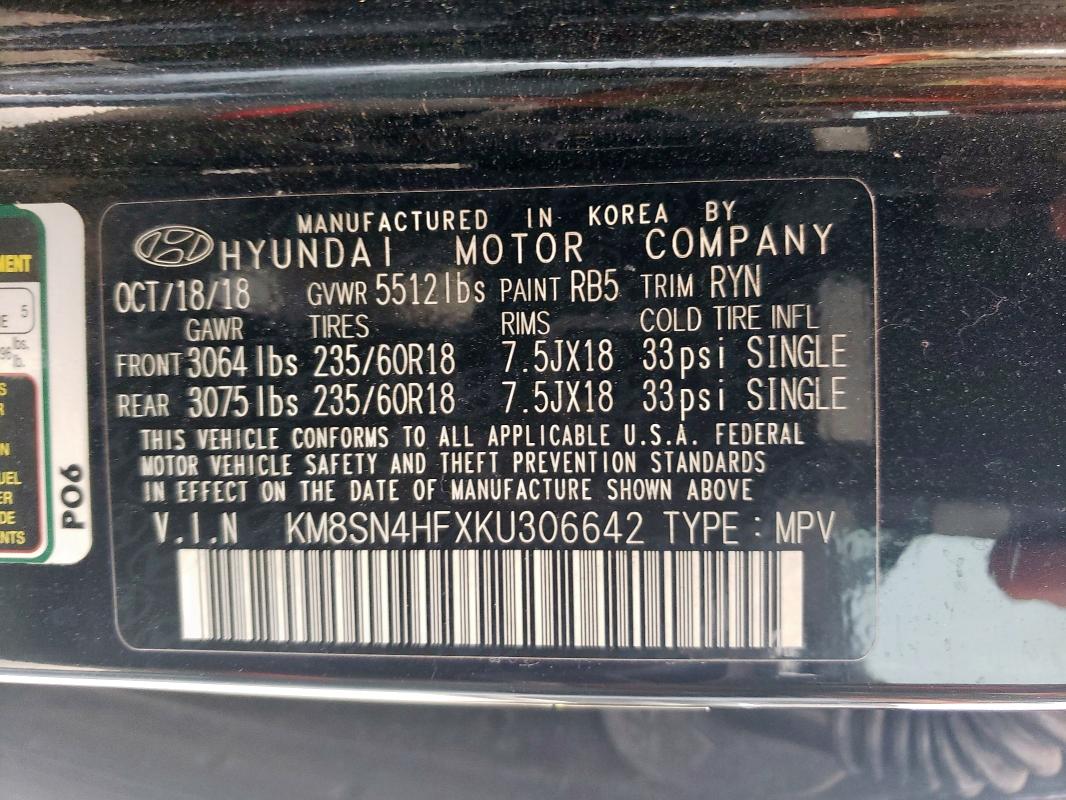 2019 HYUNDAI SANTA FE X KM8SN4HFXKU306642