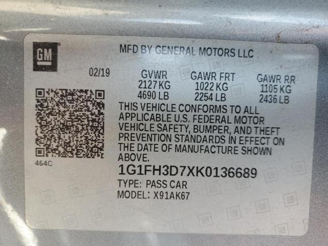 2019 CHEVROLET CAMARO SS 1G1FH3D7XK0136689