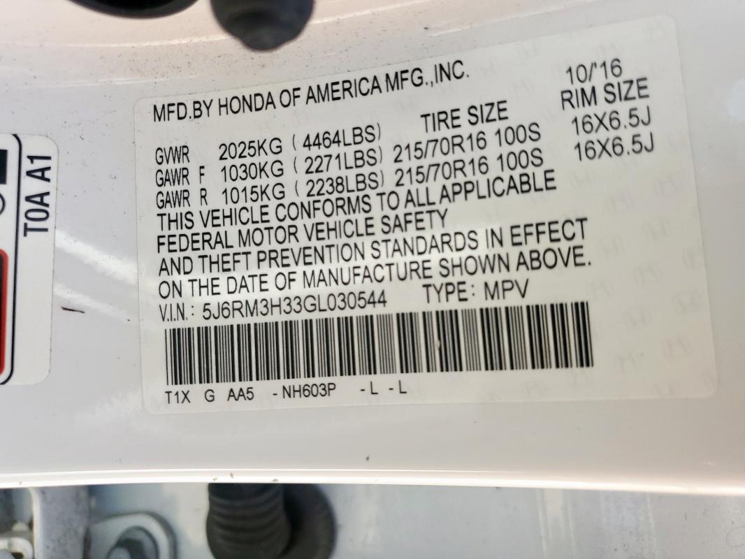 2016 HONDA CR-V LX 5J6RM3H33GL030544