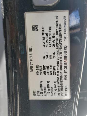 2022 TESLA MODEL 3 5YJ3E1EA8NF368795