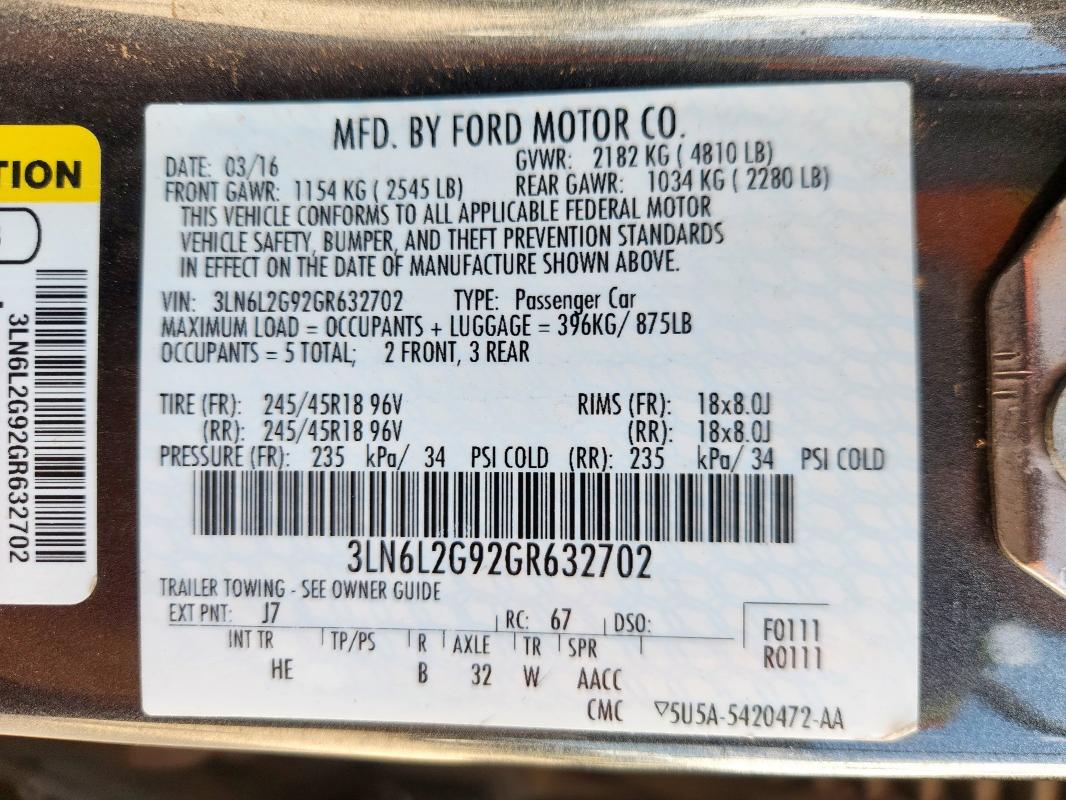 2016 LINCOLN MKZ 3LN6L2G92GR632702