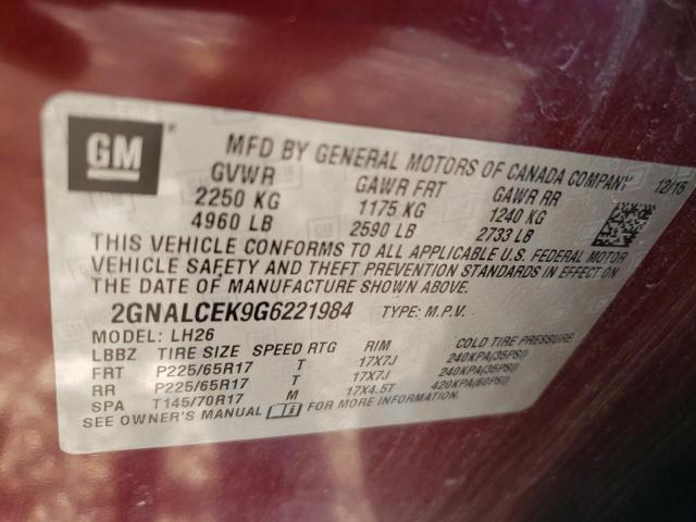 2016 CHEVROLET EQUINOX LT - 2GNALCEK9G6221984