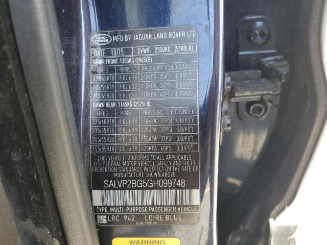 2016 LAND ROVER RANGE ROVE SALVP2BG5GH099748