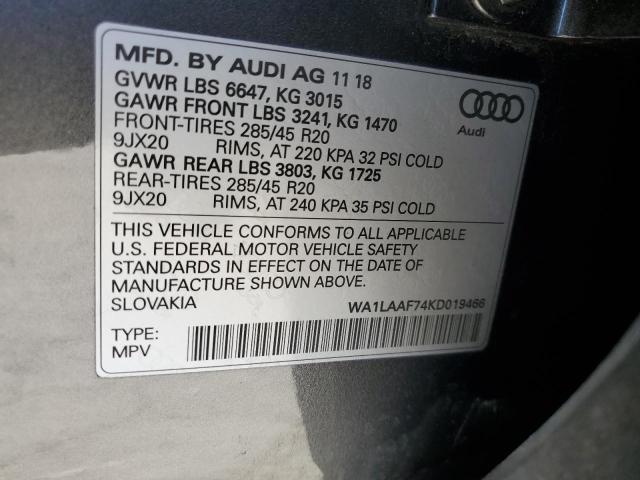 2019 AUDI Q7 PREMIUM WA1LAAF74KD019466