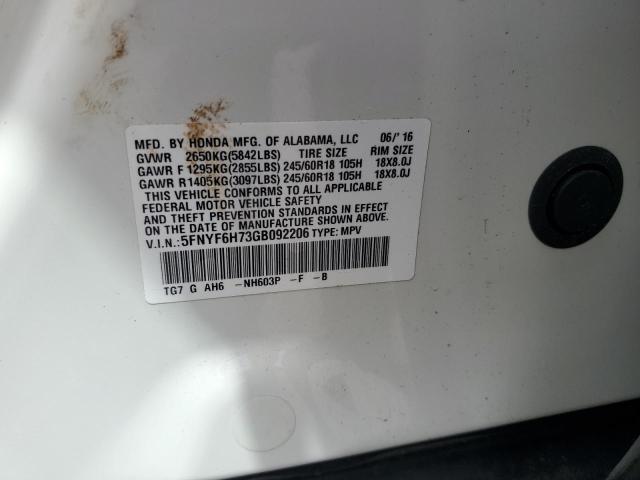 2016 HONDA PILOT EXLN 5FNYF6H73GB092206