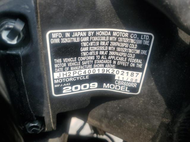 2009 HONDA CBR600 RR JH2PC40019K202187