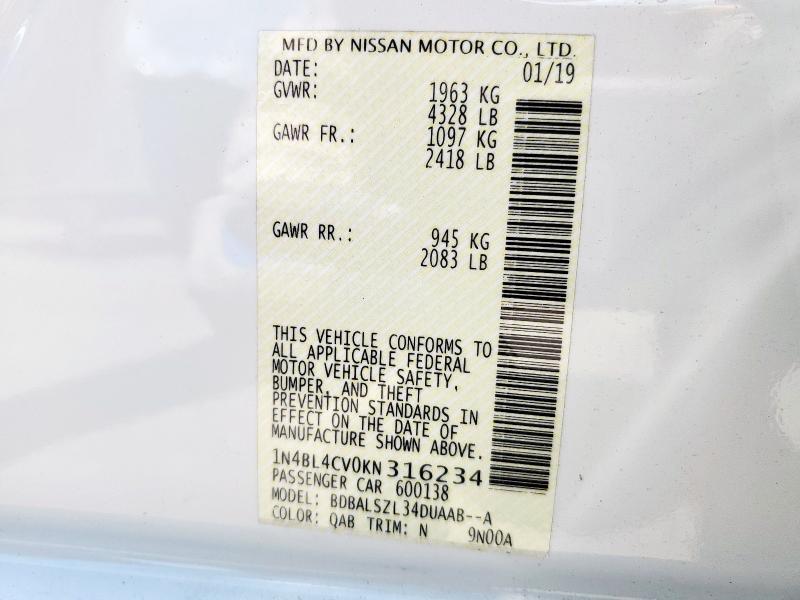 2019 NISSAN ALTIMA SR - 1N4BL4CV0KN316234