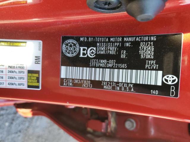 5YFBPMBE0MP221565 2021 TOYOTA COROLLA