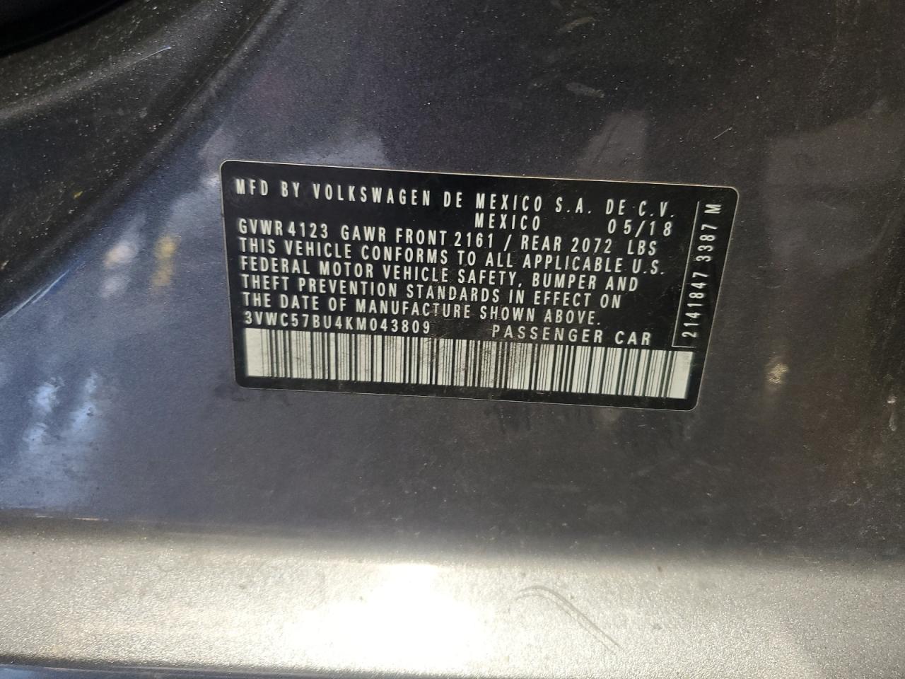 Lot #3303775426 2019 VOLKSWAGEN JETTA S