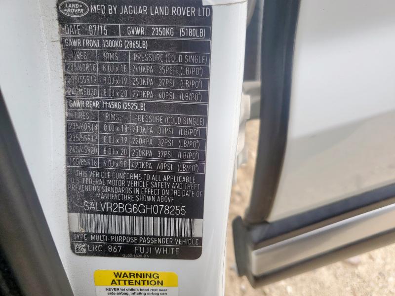 2016 LAND ROVER RANGE ROVE SALVR2BG6GH078255