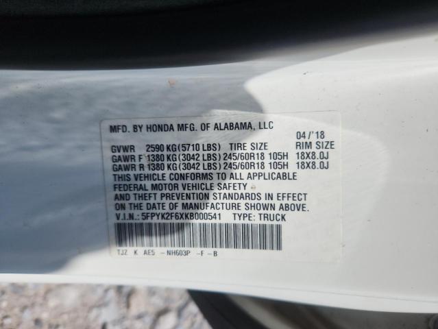 2019 HONDA RIDGELINE 5FPYK2F6XKB000541