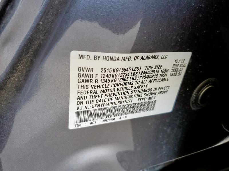 2020 HONDA PILOT EXL 5FNYF5H51LB017071