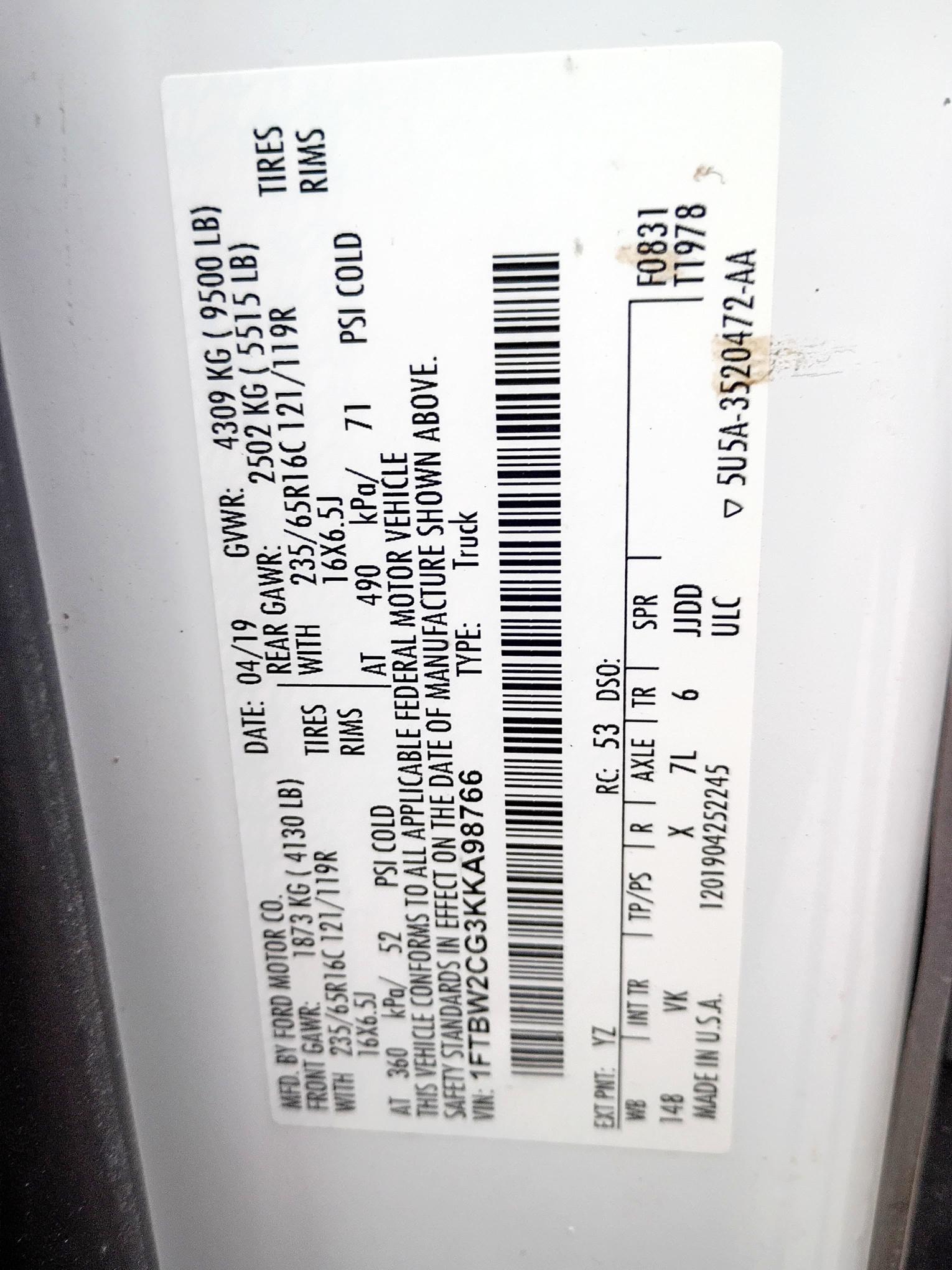 2019 FORD TRANSIT T- 1FTBW2CG3KKA98766