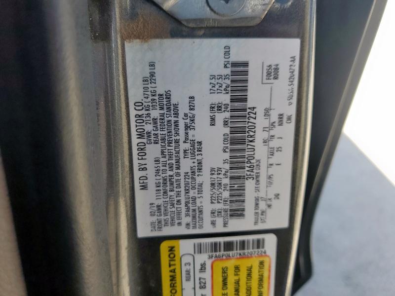 2019 FORD FUSION SE 3FA6P0LU7KR207224