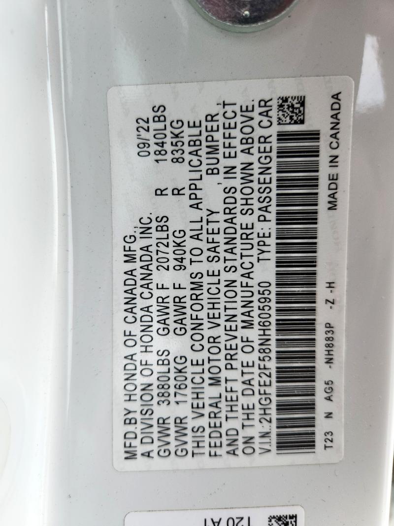 2022 HONDA CIVIC SPOR - 2HGFE2F58NH605950