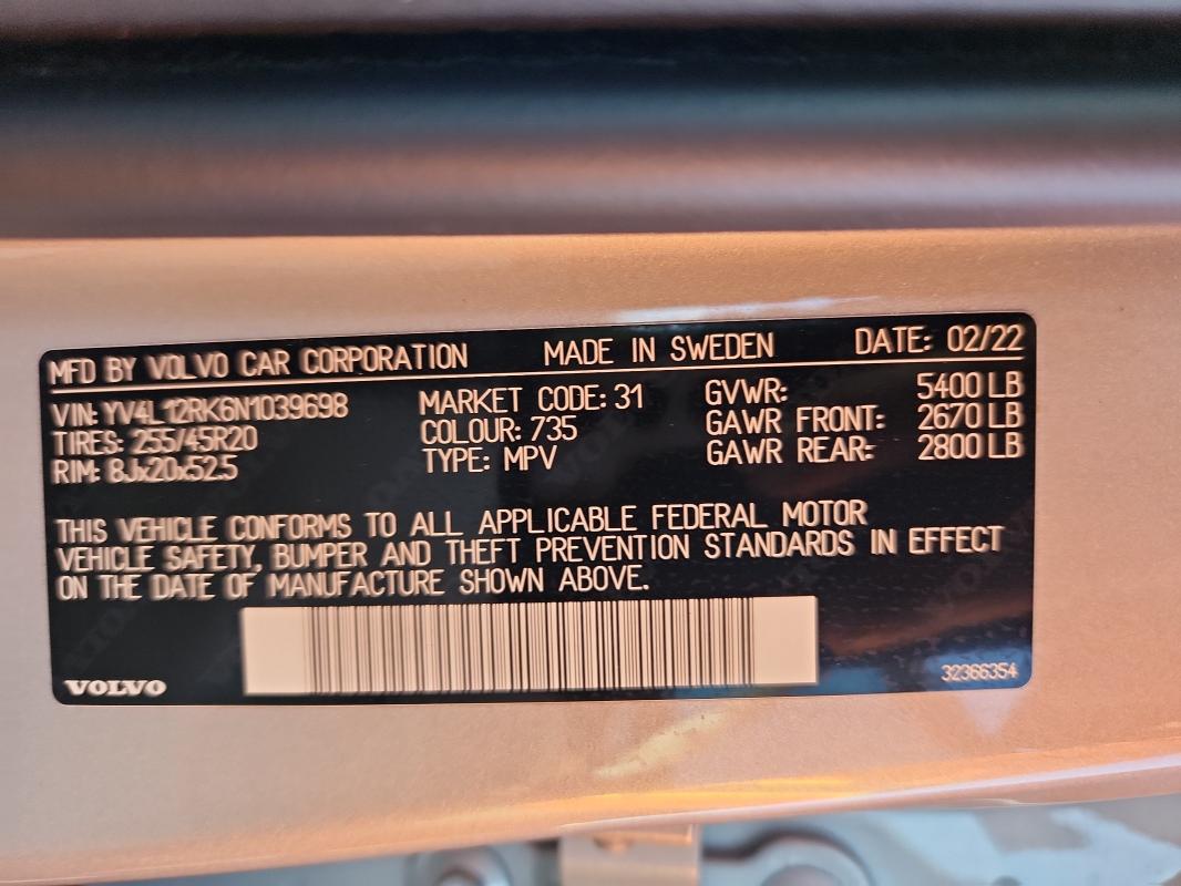 2022 VOLVO XC60 B5 MO YV4L12RK6N1039698