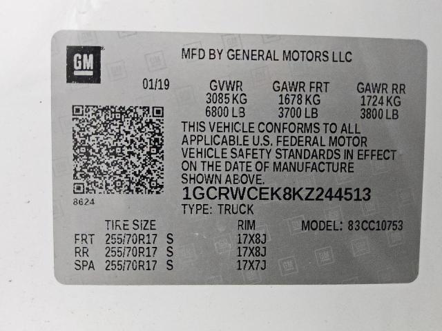 2019 CHEVROLET SILVERADO C1500 LT 1GCRWCEK8KZ244513