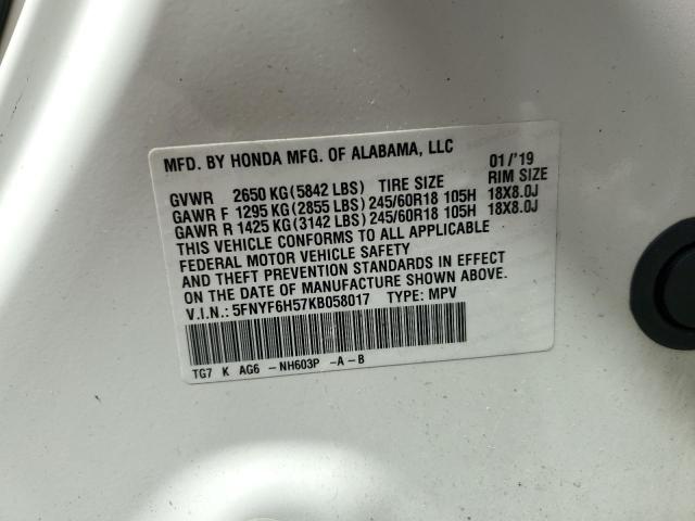 2019 HONDA PILOT EXL 5FNYF6H57KB058017