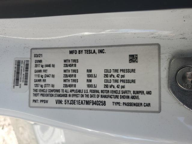 2021 TESLA MODEL 3 5YJ3E1EA7MF940258