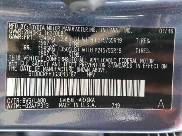 2016 TOYOTA HIGHLANDER 5TDDCRFH3GS015187