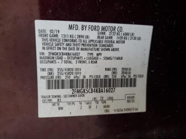 2019 FORD FLEX SEL 2FMGK5C84KBA16027