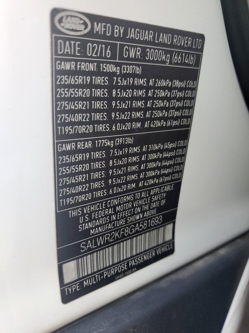 2016 LAND ROVER RANGE ROVE SALWR2KF8GA581693