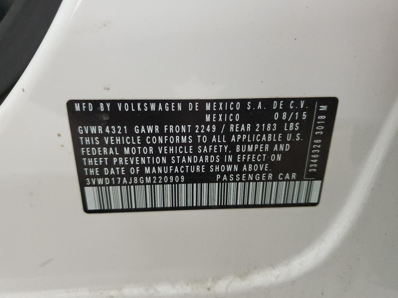 Lot #3304561436 2016 VOLKSWAGEN JETTA SPOR