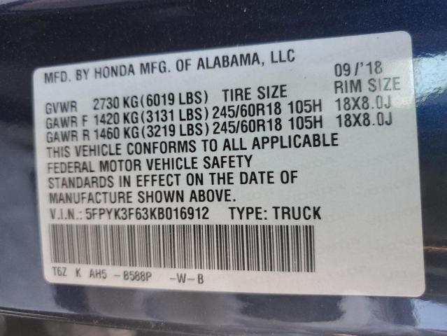 2019 HONDA RIDGELINE 5FPYK3F63KB016912