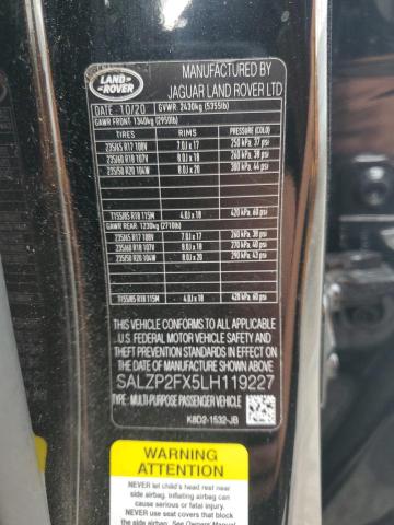 2020 LAND ROVER RANGE ROVE SALZP2FX5LH119227