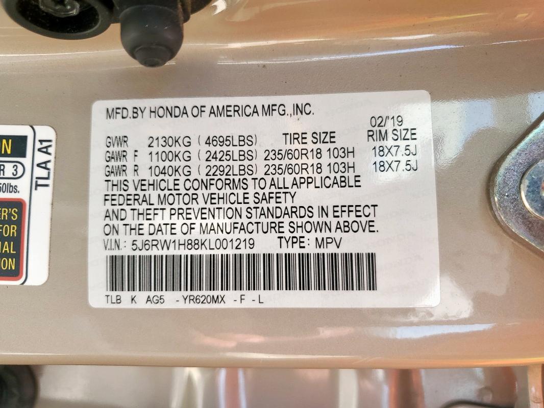 2019 HONDA CR-V EXL 5J6RW1H88KL001219