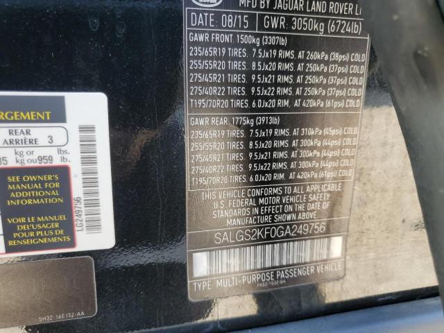 2016 LAND ROVER RANGE ROVE SALGS2KF0GA249756