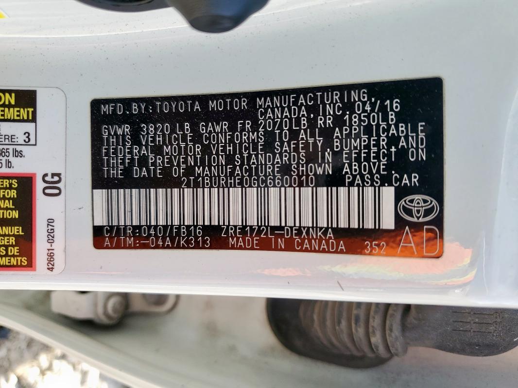 2016 TOYOTA COROLLA L - 2T1BURHE0GC660010