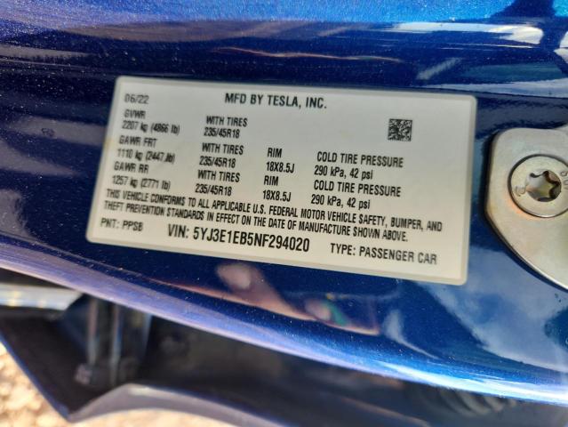 2022 TESLA MODEL 3 5YJ3E1EB5NF294020