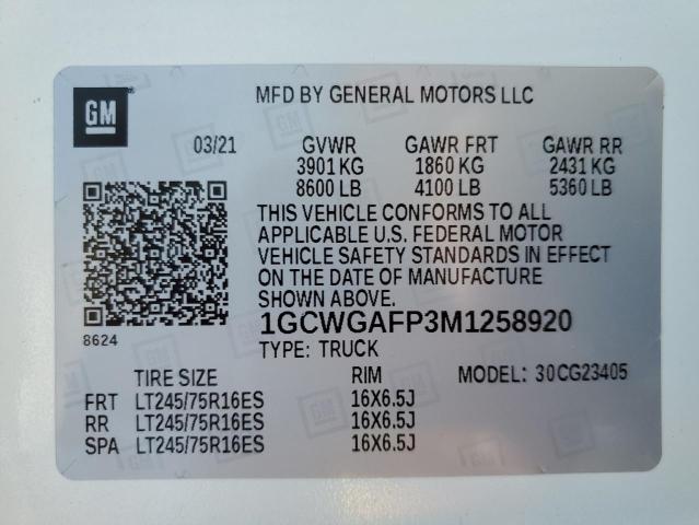 2021 CHEVROLET EXPRESS G2 1GCWGAFP3M1258920