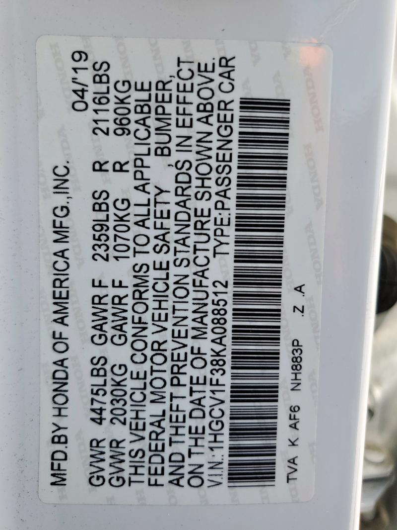 2019 HONDA ACCORD 1HGCV1F38KA088512