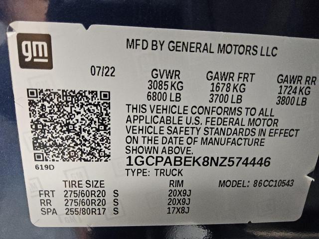 2022 CHEVROLET SILVERADO 1GCPABEK8NZ574446