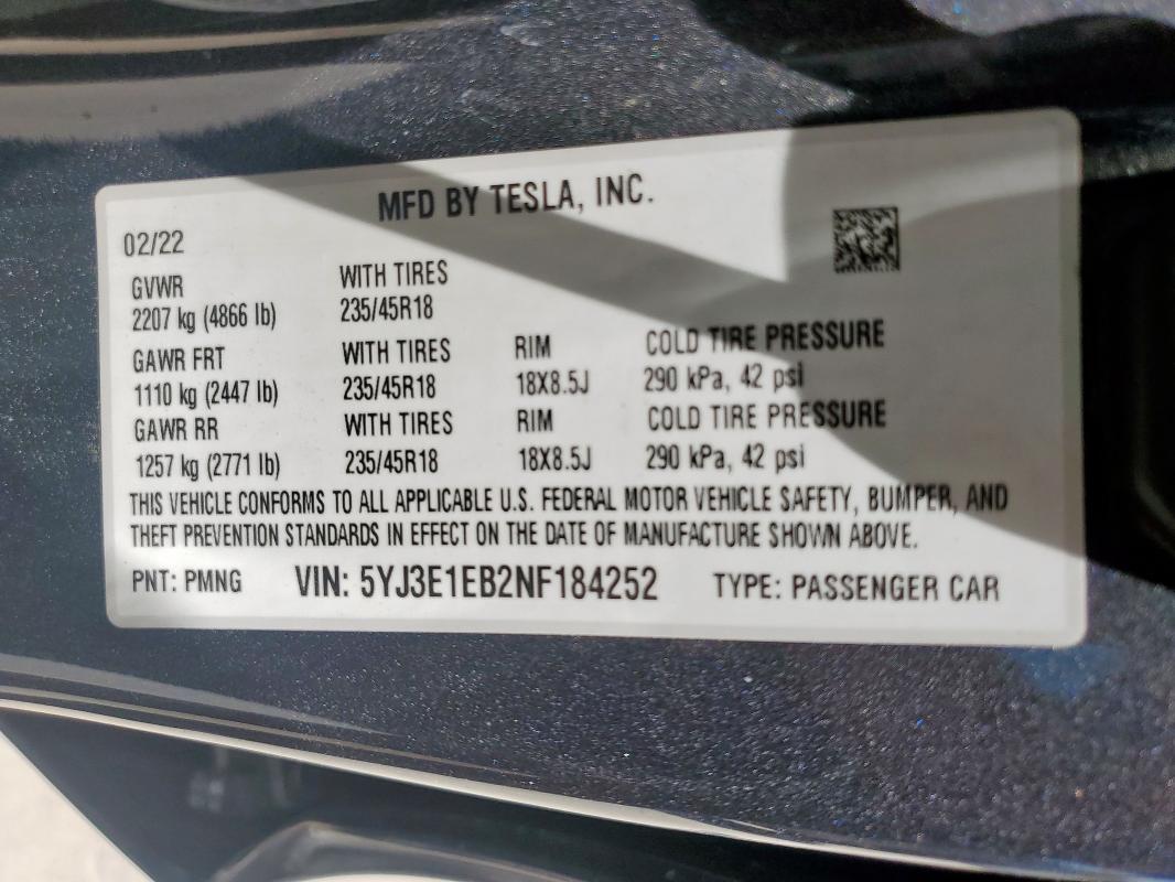 2022 TESLA MODEL 3 5YJ3E1EB2NF184252