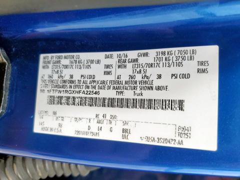 2017 FORD F150 RAPTO - 1FTFW1RGXHFA22546