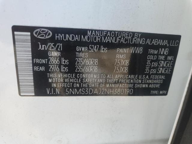 5NMS3DAJ2NH380190 2022 HYUNDAI SANTA FE
