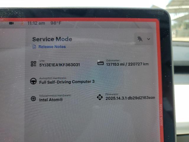 2019 TESLA MODEL 3 5YJ3E1EA1KF363031