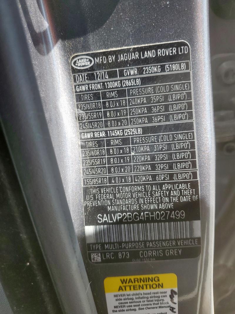 2015 LAND ROVER RANGE ROVE SALVP2BG4FH027499