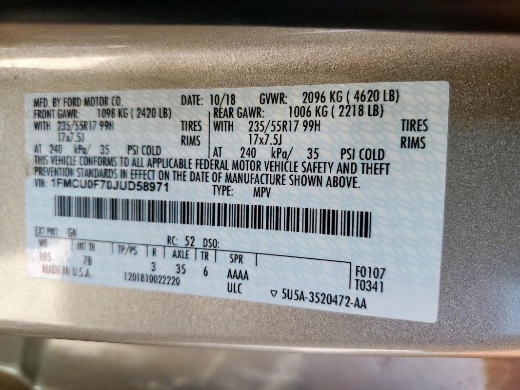 2018 FORD ESCAPE S 1FMCU0F70JUD58971
