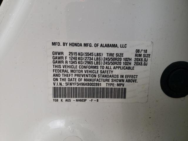 2019 HONDA PILOT TOUR 5FNYF5H96KB002891