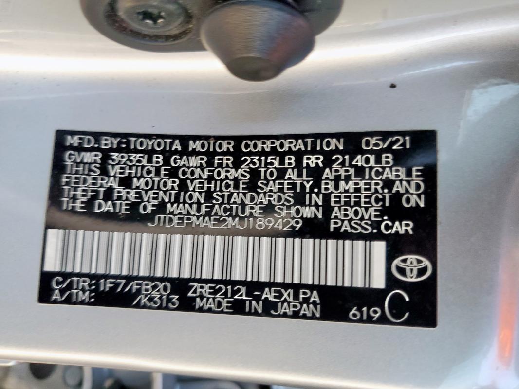 2021 TOYOTA COROLLA LE JTDEPMAE2MJ189429