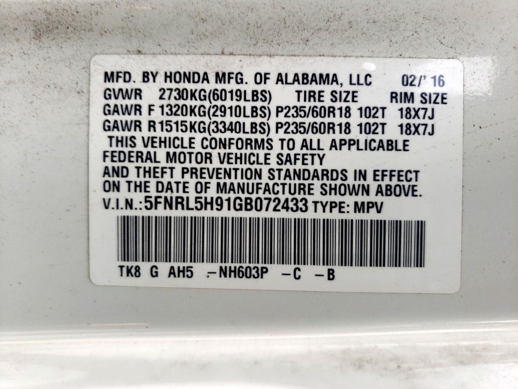 2016 HONDA ODYSSEY TO 5FNRL5H91GB072433