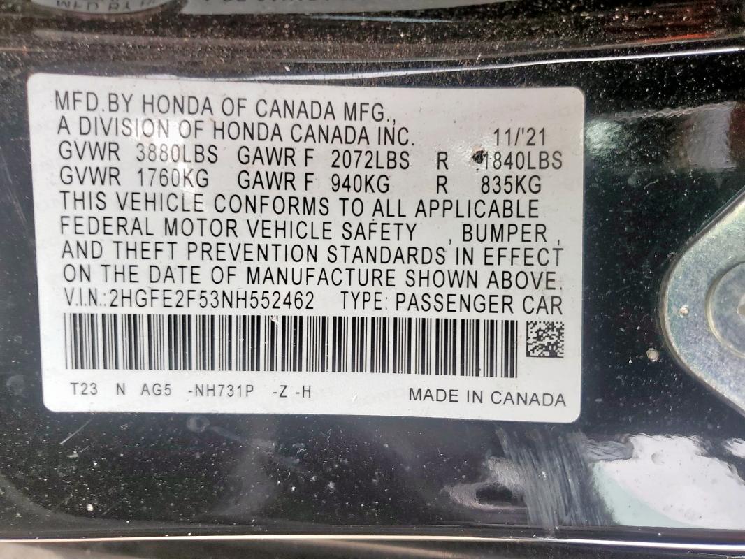 2022 HONDA CIVIC SPOR - 2HGFE2F53NH552462
