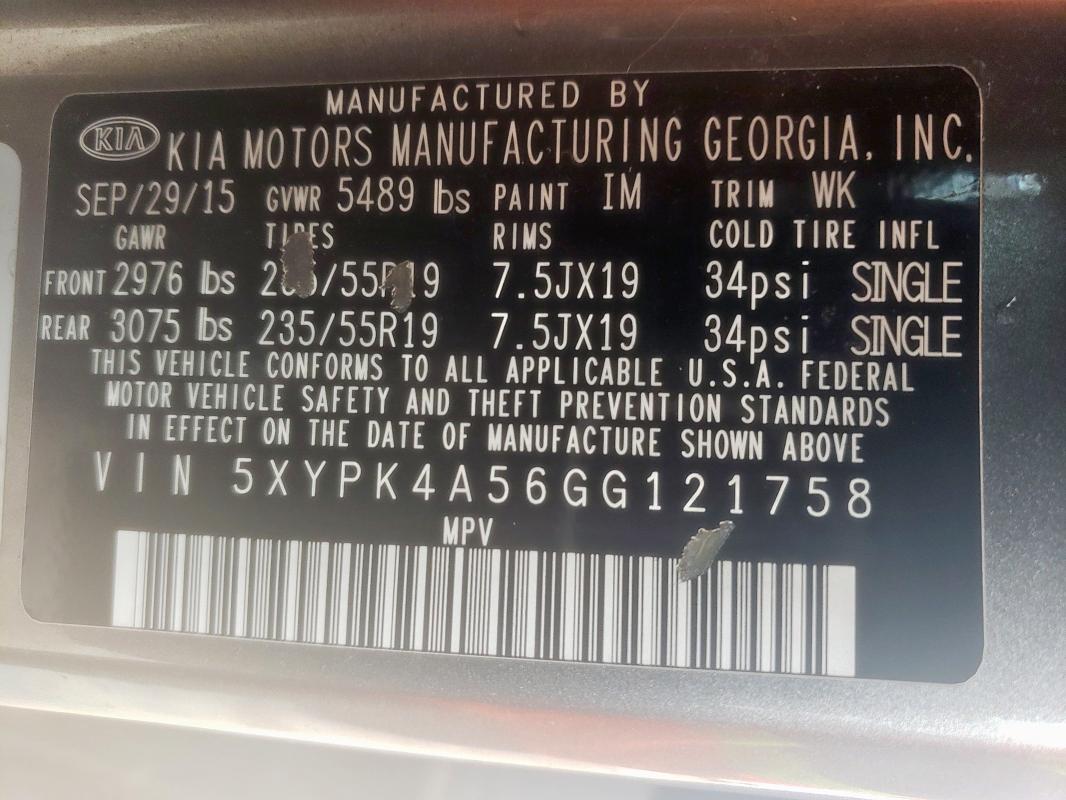 2016 KIA SORENTO SX 5XYPK4A56GG121758