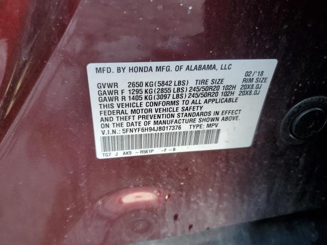 2018 HONDA PILOT TOUR 5FNYF6H94JB017376