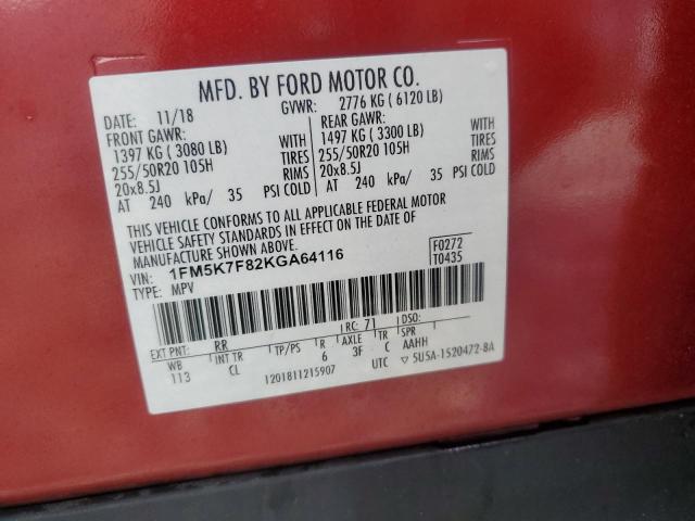 2019 FORD EXPLORER L - 1FM5K7F82KGA64116